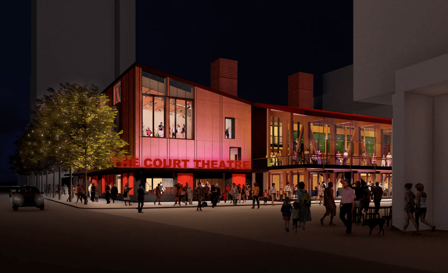 A concept design for the new Court Theatre, showing an illustration of the theatre at night, surrounded by people. 