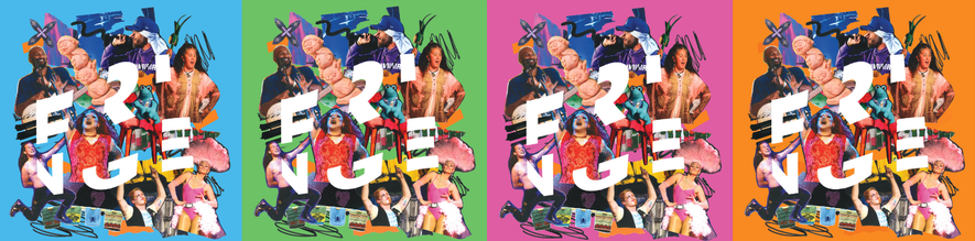 Dunedin Fringe Festivals poster repeated four times in different colourways. The world FRINGE is broken up by a collage of images from different shows