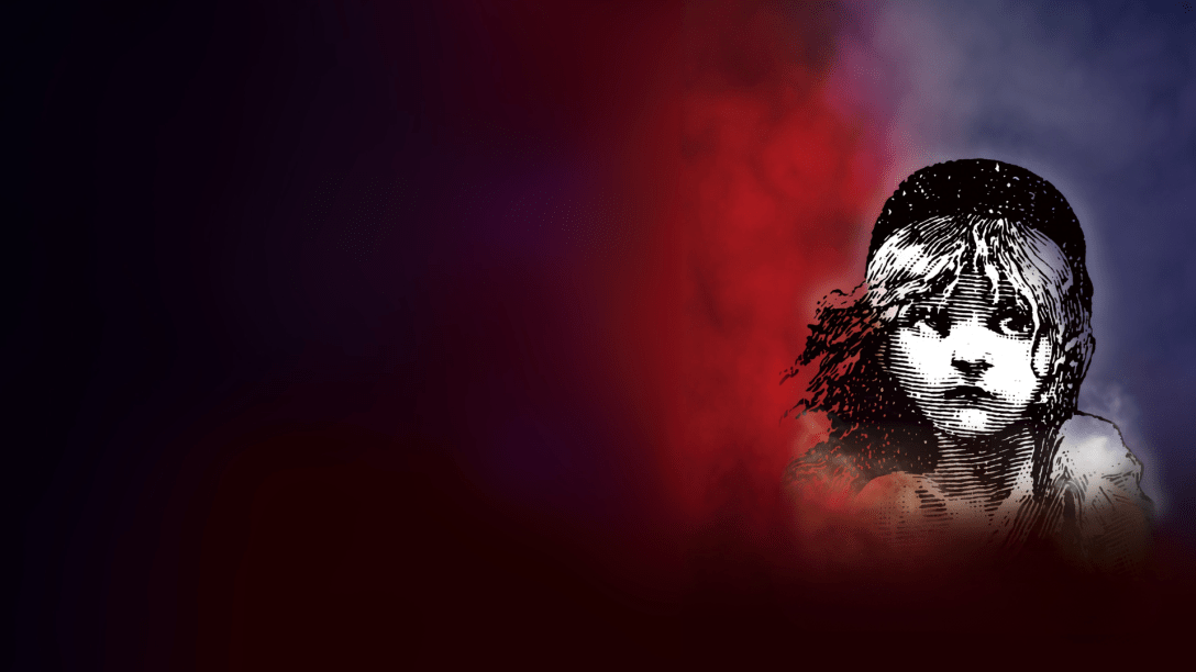A promotional image for Les Miserable - a balc and white illustration of the face of a young girl, on a painterly black, red and blue background