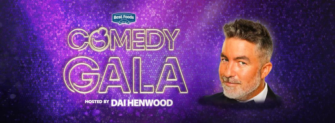 A headshot of comedia Dai Henwood on a purple background, with the text Comedy Gala